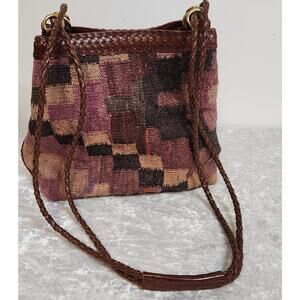 L.J. Simone New York Brown Leather with Wool Pattern Design Purse